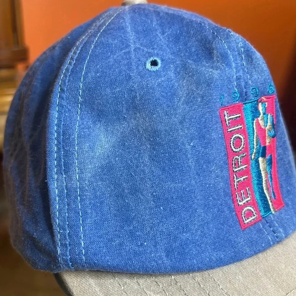 Vintage 90s Detroit Marathon Ford Snapback Hat Blue Denim Embroidered Cap USA - Picture 5 of 11